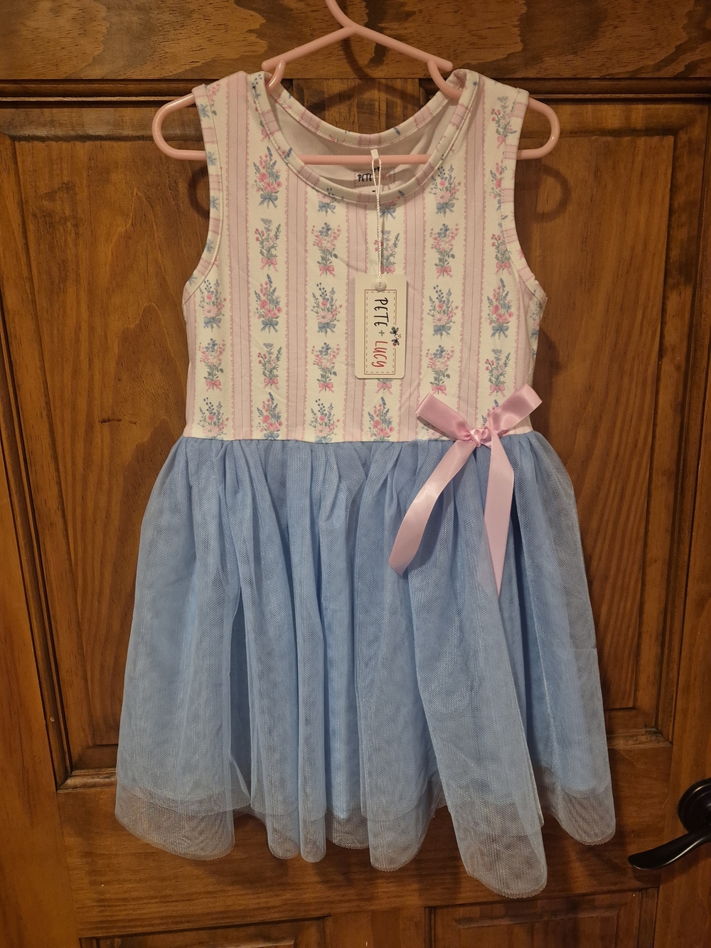Pretty Pink Floral Bodice with Blue Tulle Skirt Girls' Dress